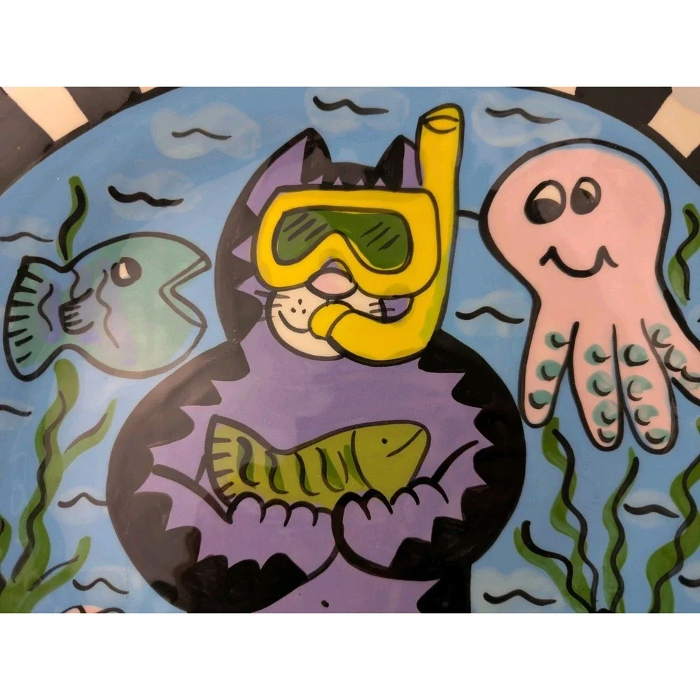 Jay and Toni Mann Pottery Cool Cat Diver Octopus Fish‎ Ceramic Plate